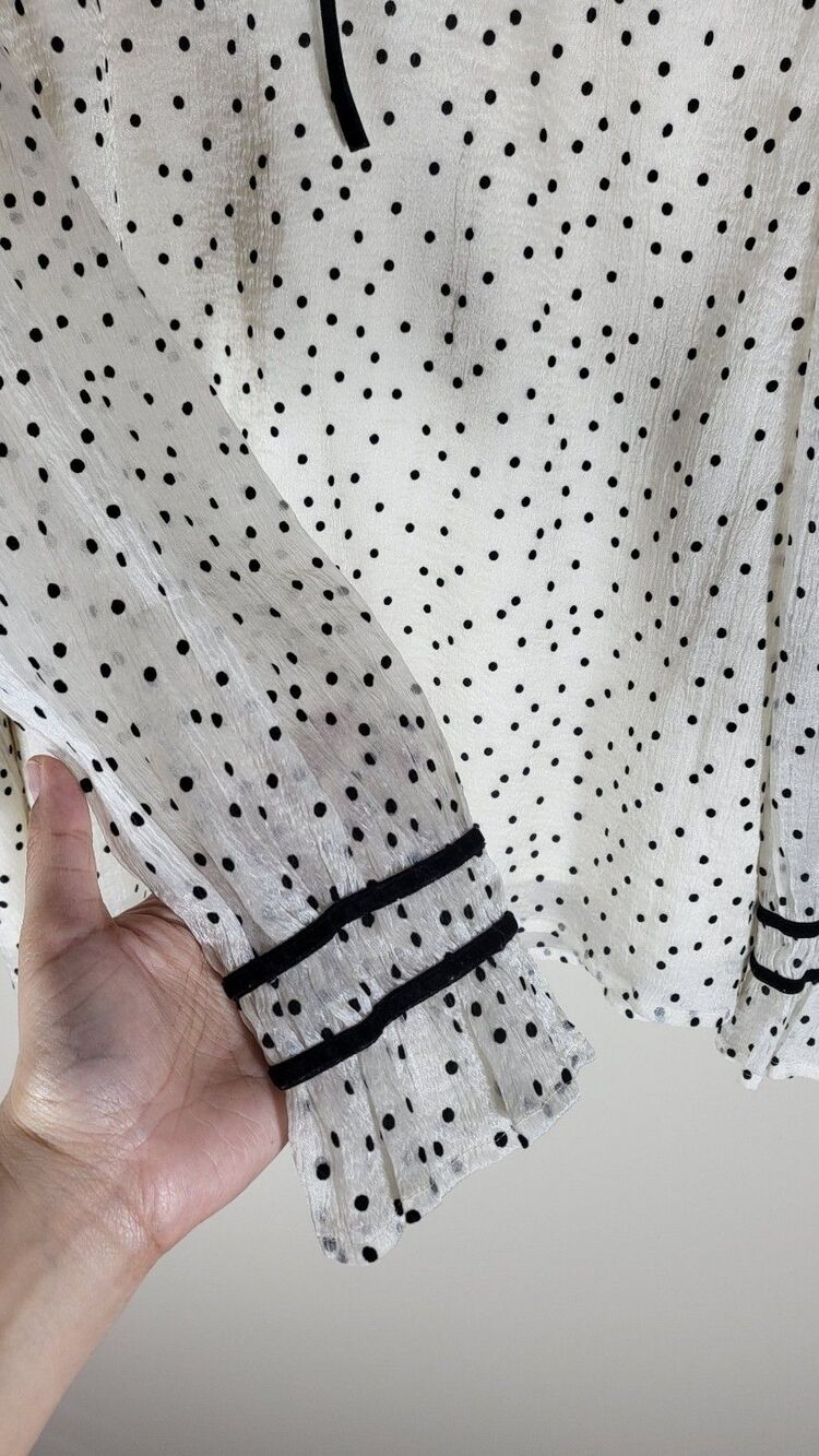 LOFT Petites MP Ivory Black Polka Dot Ruffle Tie Neck Long Sleeve Blouse FLAW - Picture 9 of 9